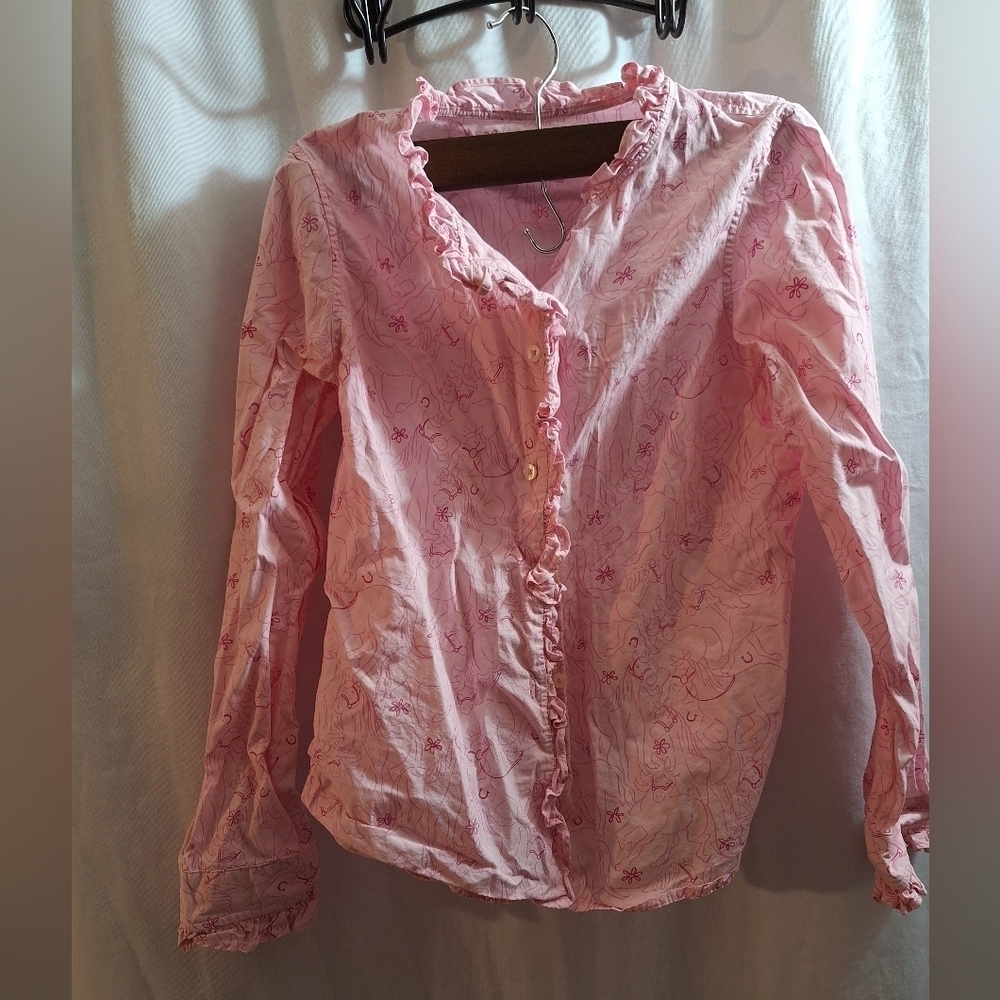 Lilly pulitzer button-down blouse ruffled edges horse print pinksize 12